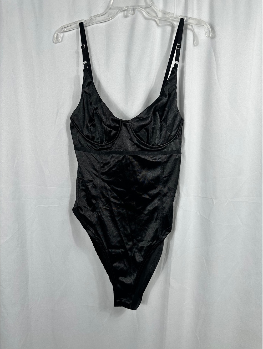 Black Satin One Piece Bodysuit with Adjustable Straps XXL